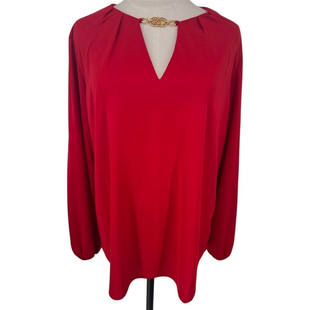 NEW Lauren‎ Ralph Lauren Women's 1X XL Red V-Neck Long Sleeve Blouse Shirt